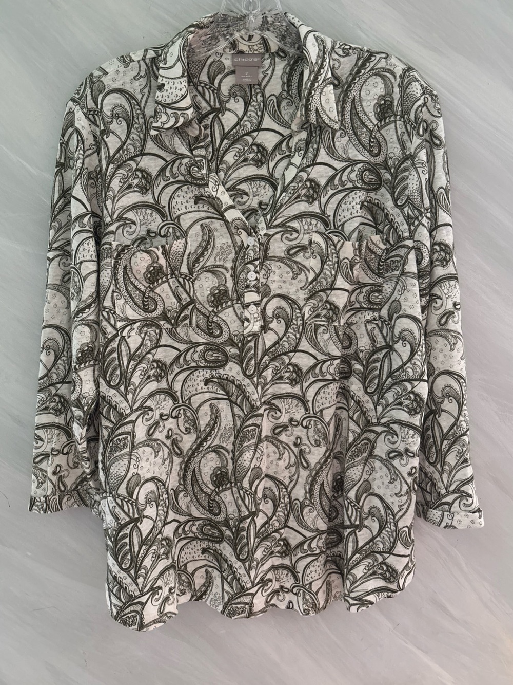 Chico's 2(L) Green Paisley Collard 3-Button 3/4 Sleeve 100%Linen Blouse Beachy